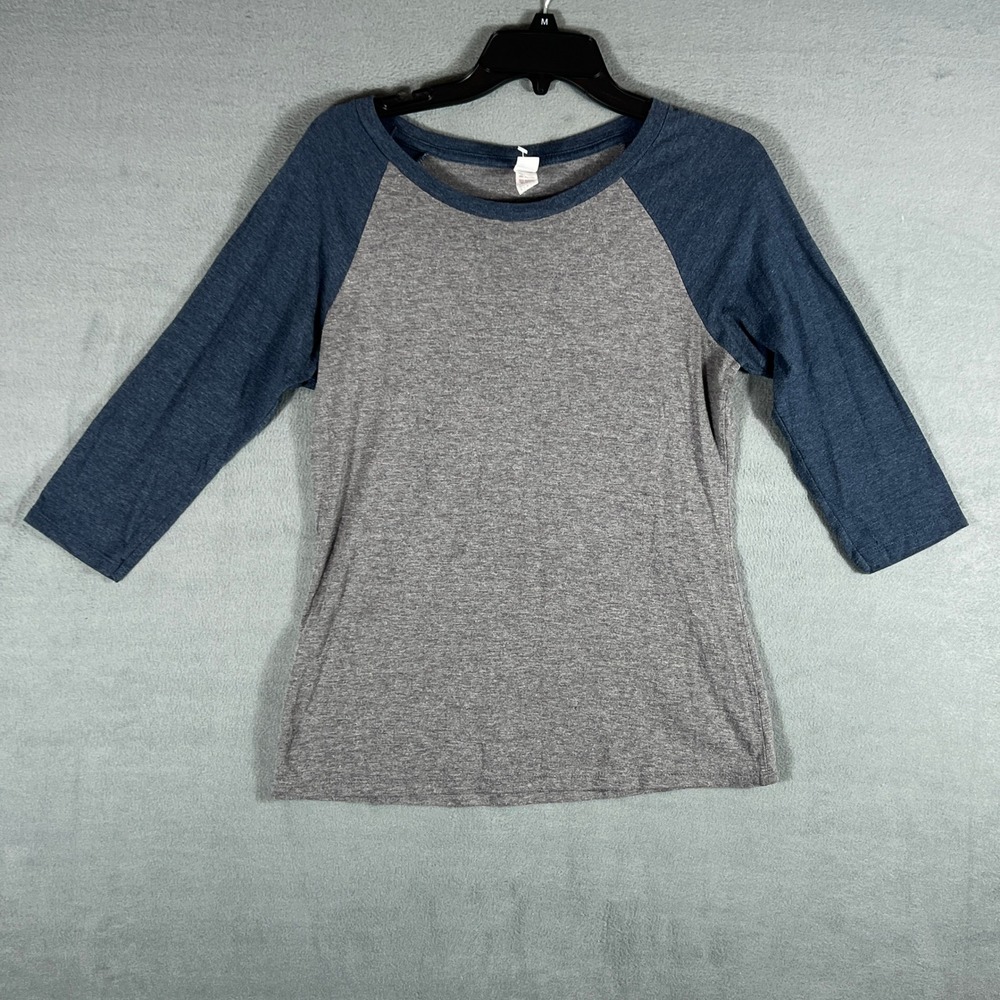 District Womens Baseball Tee S Gray Blue Raglan 3/4 Sleeve Heathered Scoop Neck